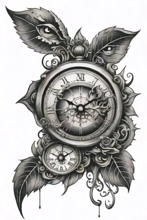 clock and eyes surrounded tattoo design idea