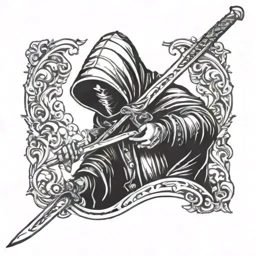 Hooded figure holding sword tattoo design idea
