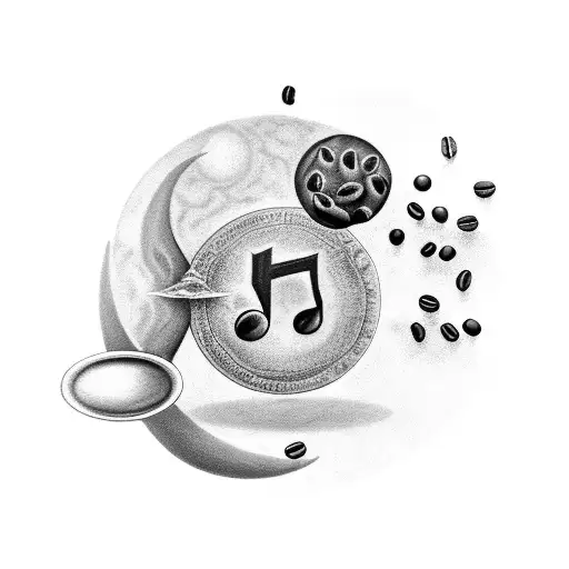 A black-grey tattoo of a mystical moon surrounded by coffee beans and musical notes tattoo design idea