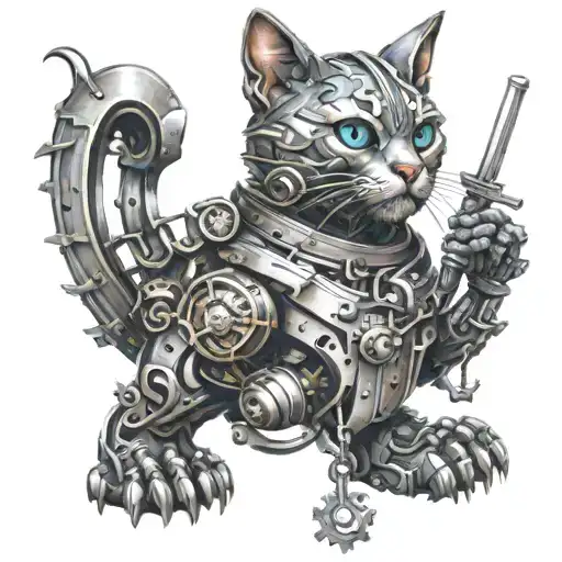 mechanical cat warrior  tattoo design idea