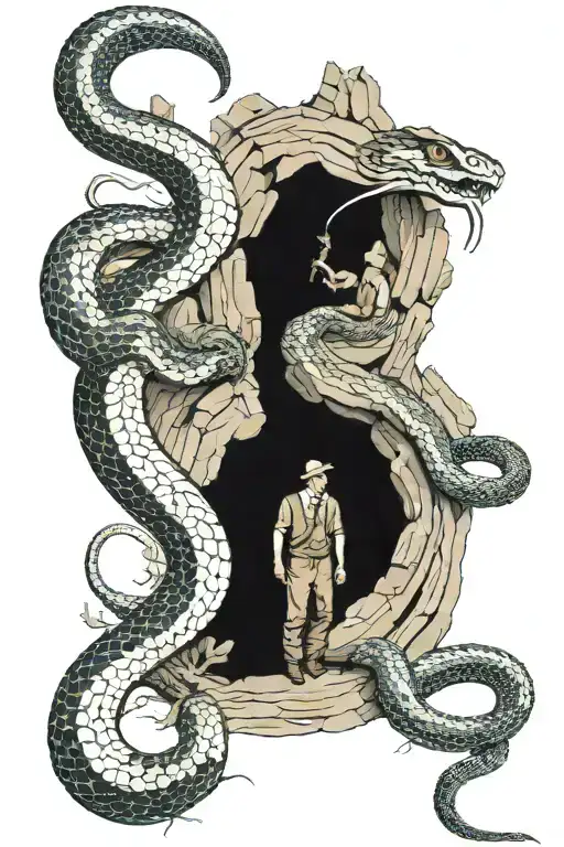 3 men in a cave facing a giant snake tattoo design idea