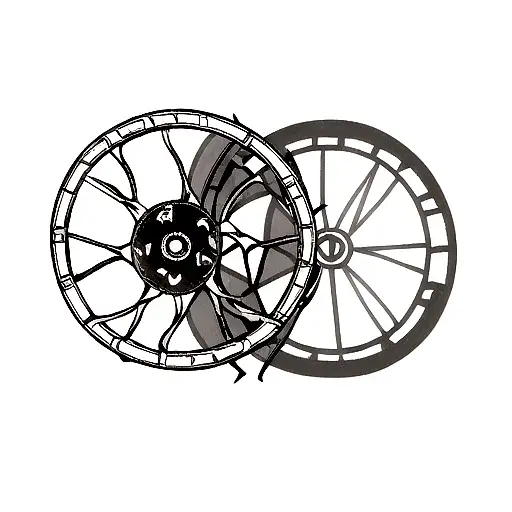 A dotwork tattoo of a film reel entwined with elements like fire, water, and earth tattoo design idea