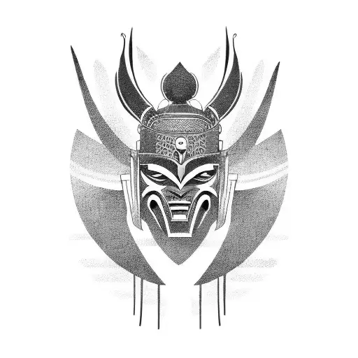 Combine the elements of a Samurai Mask and an African Mask into a single design tattoo design idea