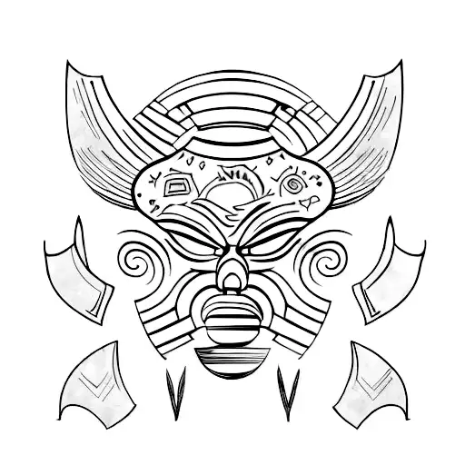 Create an ancient history-inspired tattoo featuring African masks tattoo design idea