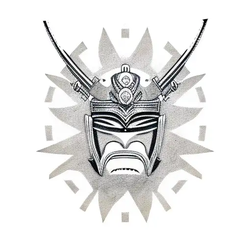 Combine the elements of a Samurai Mask and an African Mask into a single design tattoo design idea