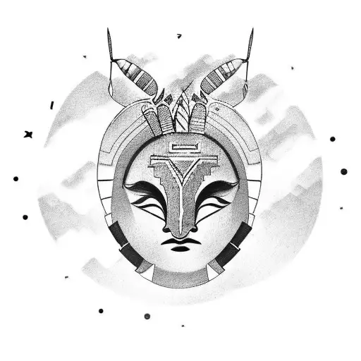 Create a tattoo of a Trainer wearing an African Mask while standing on a cloud tattoo design idea