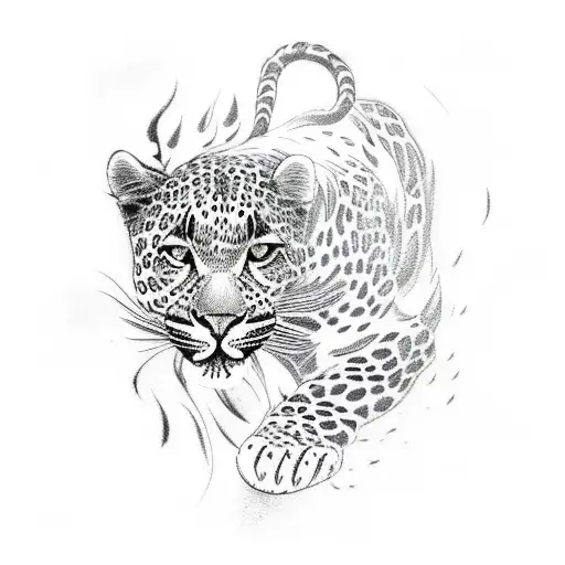 A minimalist tattoo of a leopard running through flames tattoo design idea