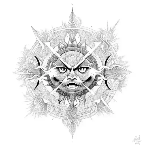 Create a tattoo of a fierce sun with intricate sword patterns tattoo design idea