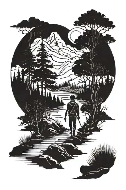 young man on a path to elderness, going through forest, mountains and rivers to find wisdom in the end tattoo design idea