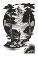 young man on a path to elderness, going through forest, mountains and rivers to find wisdom in the end tattoo design idea