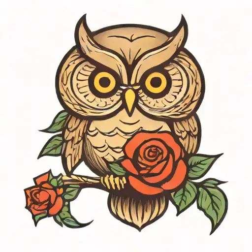 simple cute owl with roses tattoo design idea