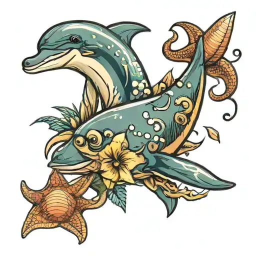 Sri Lanka, Dolphins and sea shells spitfire ace tattoo design idea