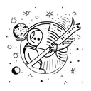 A cosmic scene of an astronaut exploring a planet while playing a guitar tattoo design idea
