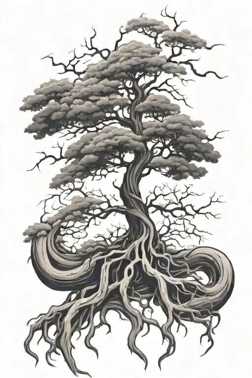 surreal tree on fire with roots forming tattoo design idea