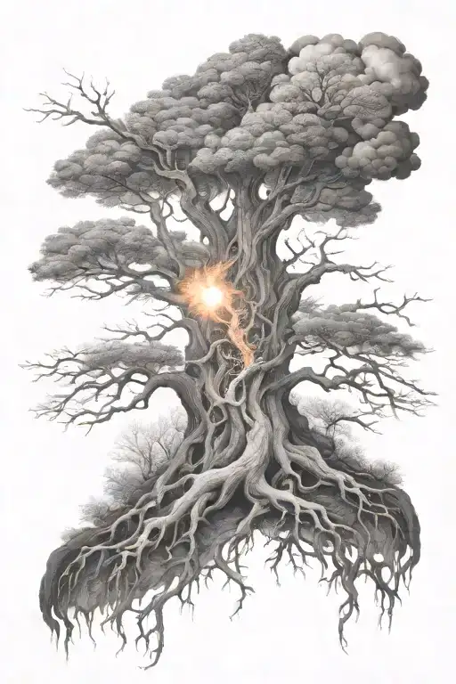 surreal tree on fire with roots forming greyscale tattoo design idea