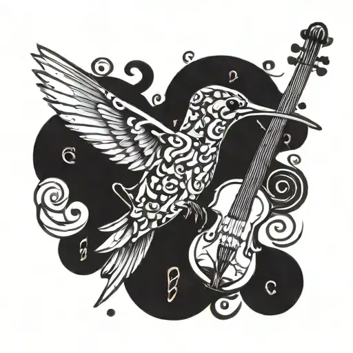 a little black hummingbird sorrounded by four different violin notes tattoo design idea