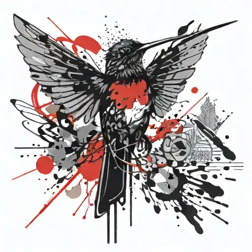 a little black hummingbird sorrounded by tour different notes tattoo design idea