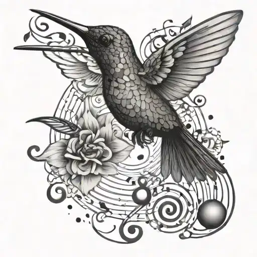a little black hummingbird sorrounded by four different music notes tattoo design idea