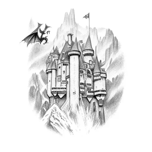 Forearm sleeve of a medieval castle with a dragon flying over it tattoo design idea