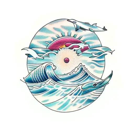 waves, sun, dolphins tattoo design idea