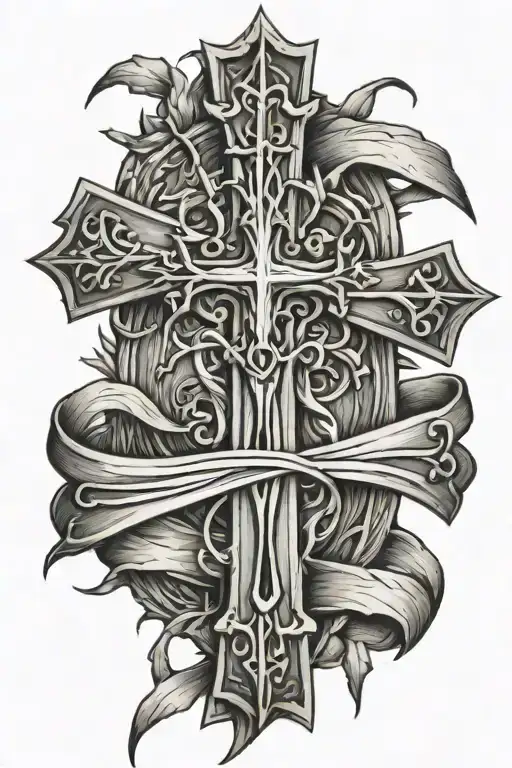 wood cross with thorns and ribbon  tattoo design idea