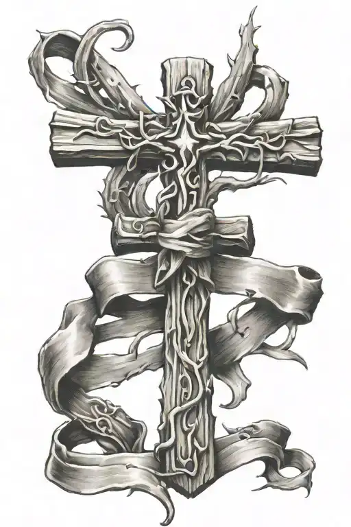 wood cross with thorns and ribbon  tattoo design idea