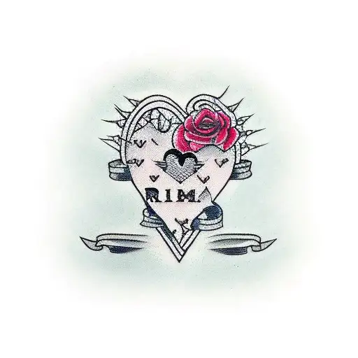 the name rimi in a heart which is poked by thorns and has blood coming out of it tattoo design idea