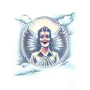 Faded clouds stair way to heaven with angel in the middle and the 1956 and 1971 on either sides tattoo design idea