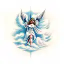 Faded clouds stair way to heaven with angel in the middle and the 1956 and 1971 on either sides tattoo design idea