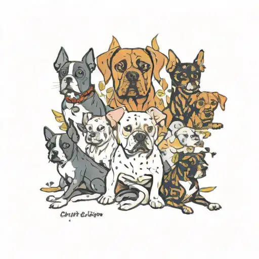 9 dogs, 4 Boxer breeds, two Labradors and 3 mongrels, a cat, a bald man, a red-haired girl and a 4-year-old boy tattoo design idea