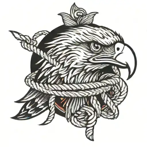 Eagle with rope in mouth. heart shaped knot tied in rope. at other end of rope is an Iris flower. 5.28.24 inscribed  tattoo design idea