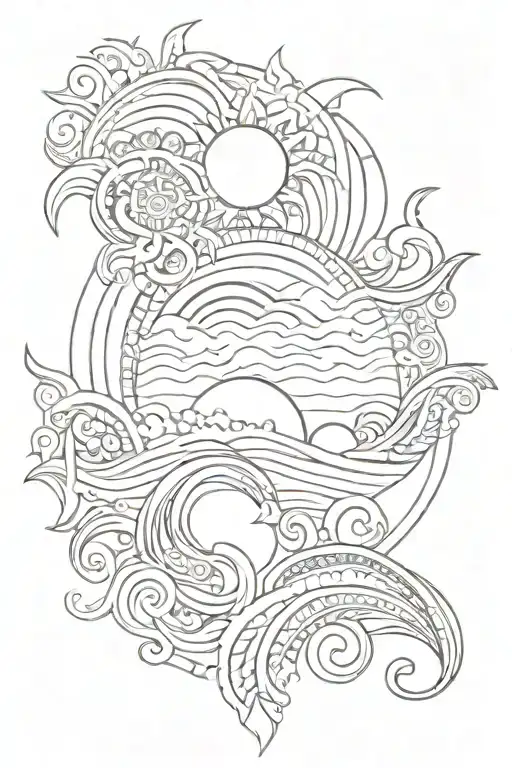 filipino tribal patterns and sun and ocean waves tattoo design idea
