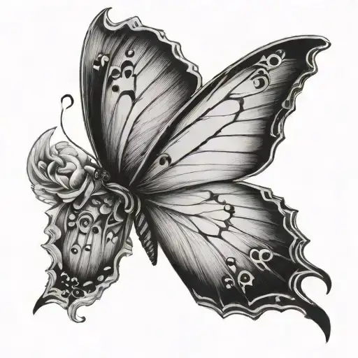 A half butterfly tattoo that has a semi colon body and a half wings tattoo design idea