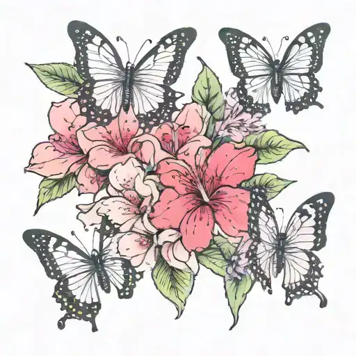 pink azaleas with 2 butterflies and one semi colon butterfly leading the other two tattoo design idea