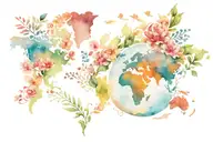 globe, world map, travel, airplane, leaves of flowers around the planet, bright colors, small size, clear boundaries, co tattoo design idea