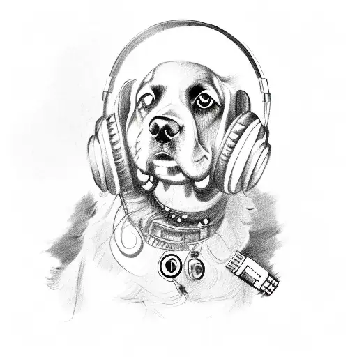 A realistic sketch of a Cocker Spaniel wearing headphones, surrounded by musical instruments tattoo design idea