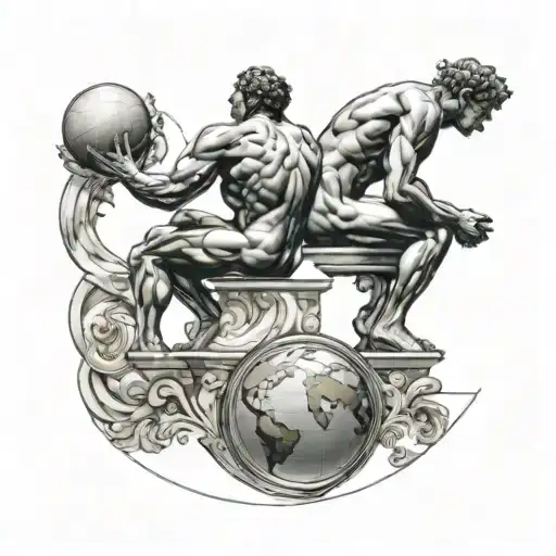Discobolus and The Thinker sitting back to back on a Roman Style Marble platform with a Globe between their shoulders tattoo design idea