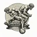Discobolus and The Thinker sitting back to back on a Roman Style Marble platform with a Globe between their shoulders tattoo design idea