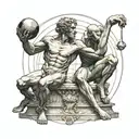 Discobolus and The Thinker sitting back to back on a Roman Style Marble platform with a Globe between their shoulders tattoo design idea