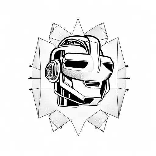 scary futuristic robotic skull smile daft punk 45 degree side angle wears a virtual reality headset on top of its eyes  tattoo design idea