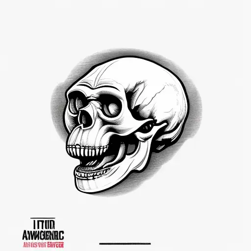 Australopithecus hominid nonhuman skull with big lower jaw and fangs 45 degree angle to a side tattoo design idea