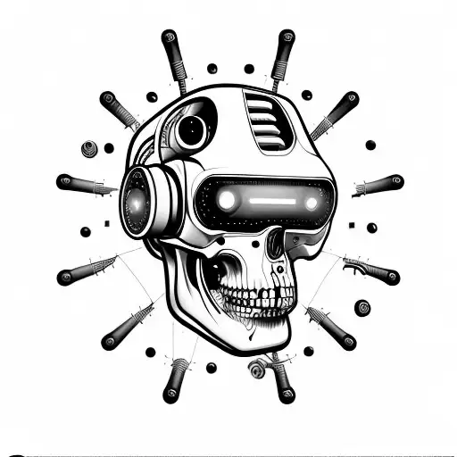 scary futuristic robotic skull shaded 45 degree side angle wears a virtual reality headset on top of its eyes  tattoo design idea