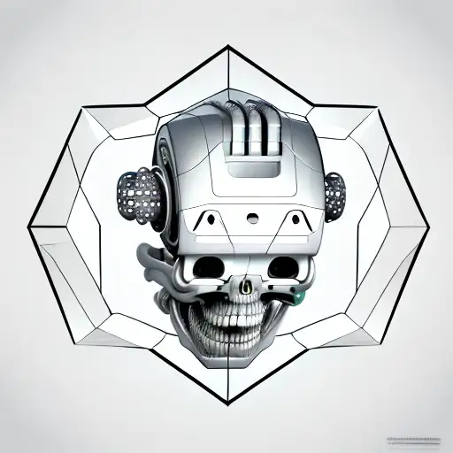 scary futuristic robotic skull teeth 45 degree side angle wears a virtual reality headset on top of its eyes  tattoo design idea