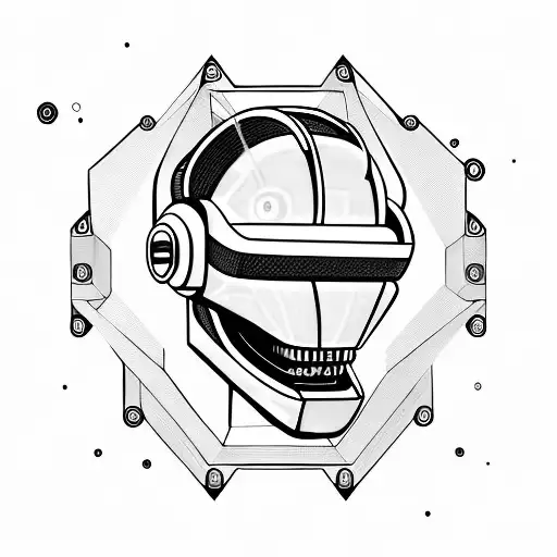 scary futuristic robotic skull smile daft punk 45 degree side angle wears a virtual reality headset on top of its eyes  tattoo design idea