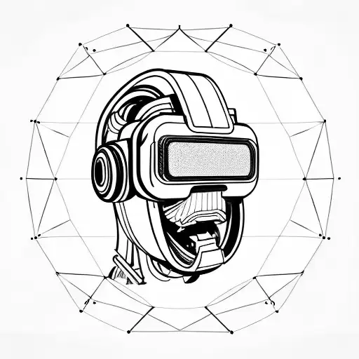 futuristic robotic head wearing a virtual reality headset tilted 45 degree angle to a side tattoo design idea