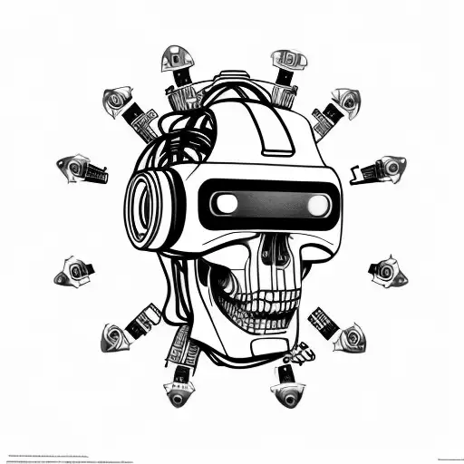 scary futuristic robotic skull shaded 45 degree side angle wears a virtual reality headset on top of its eyes  tattoo design idea
