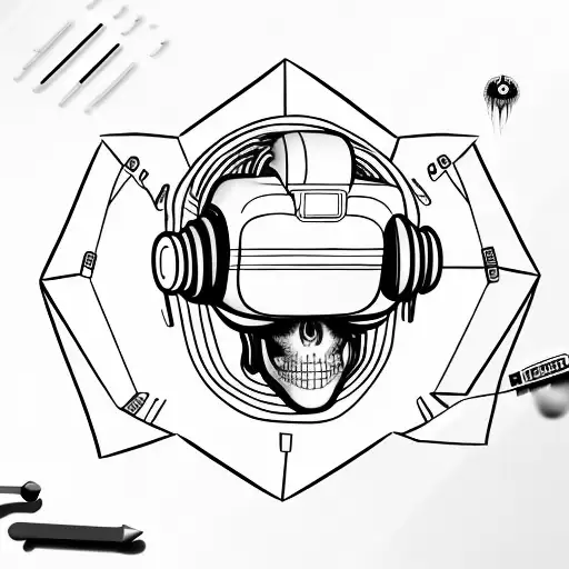 scary futuristic robotic skull 45 degree side angle wears a virtual reality headset on top of its eyes  tattoo design idea