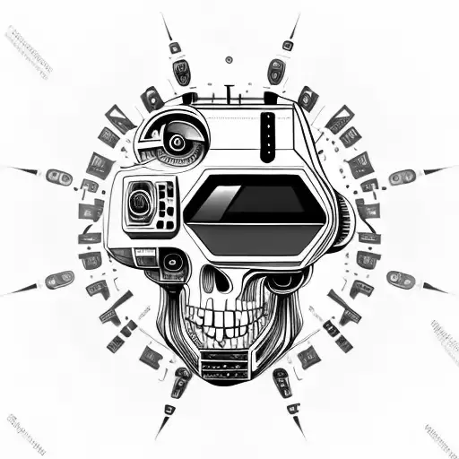 scary futuristic robotic skull shaded 45 degree side angle wears a virtual reality headset on top of its eyes  tattoo design idea