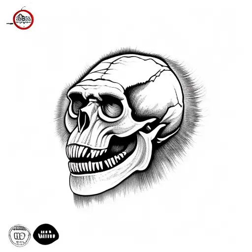 Australopithecus hominid nonhuman skull with big lower jaw and fangs 45 degree angle to a side caveman brow tattoo design idea