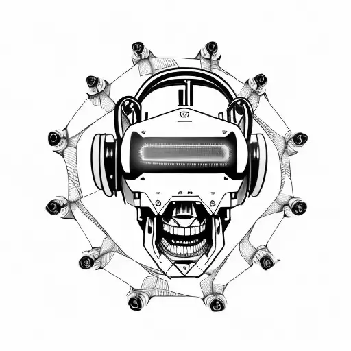 scary futuristic robotic skull shaded 45 degree side angle wears a virtual reality headset on top of its eyes  tattoo design idea